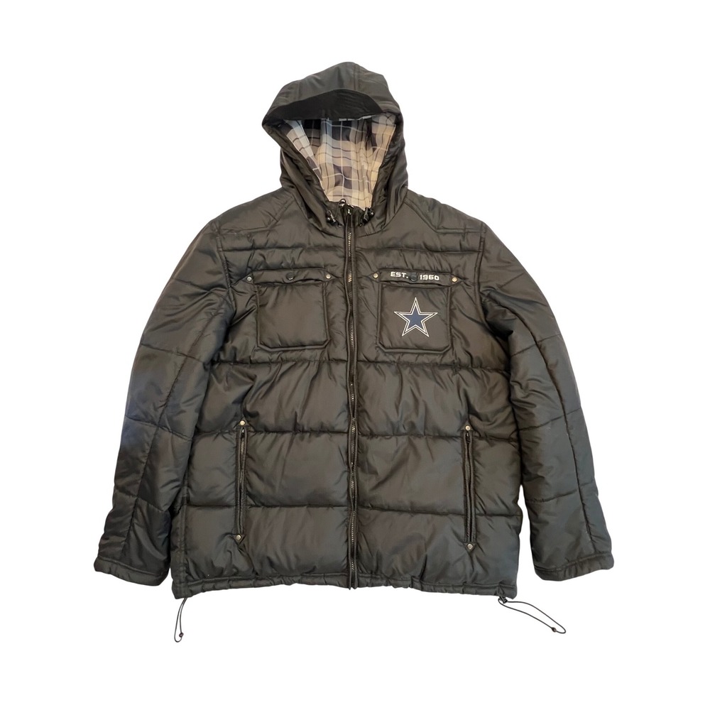 NFL Pro Line Dallas Cowboys Puffer Jacket Black Plaid Lined Hooded Mens XL